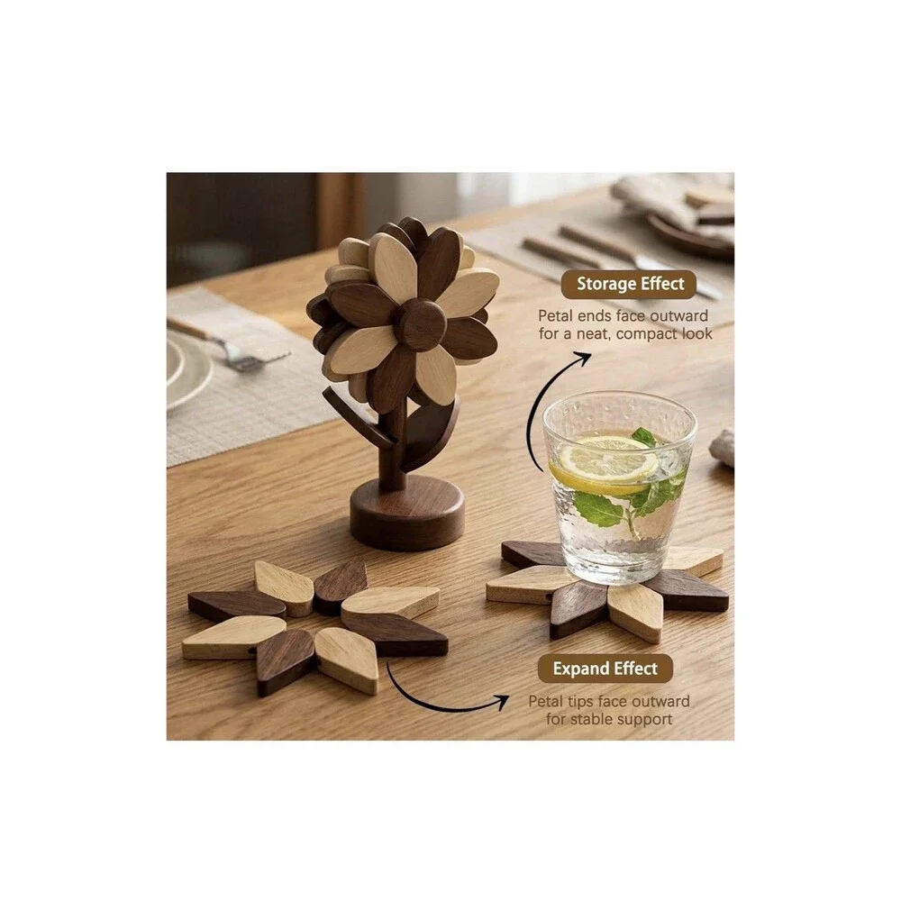 Wooden Trivets for Hot Dishes 3 Pc Foldable Sunflower Coaster Set w/ Stand